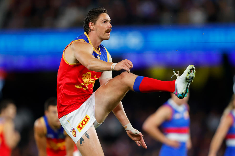 Seen here, Brisbane star Joe Daniher kicking the ball during the round three match against the Western Bulldogs in the AFL. 