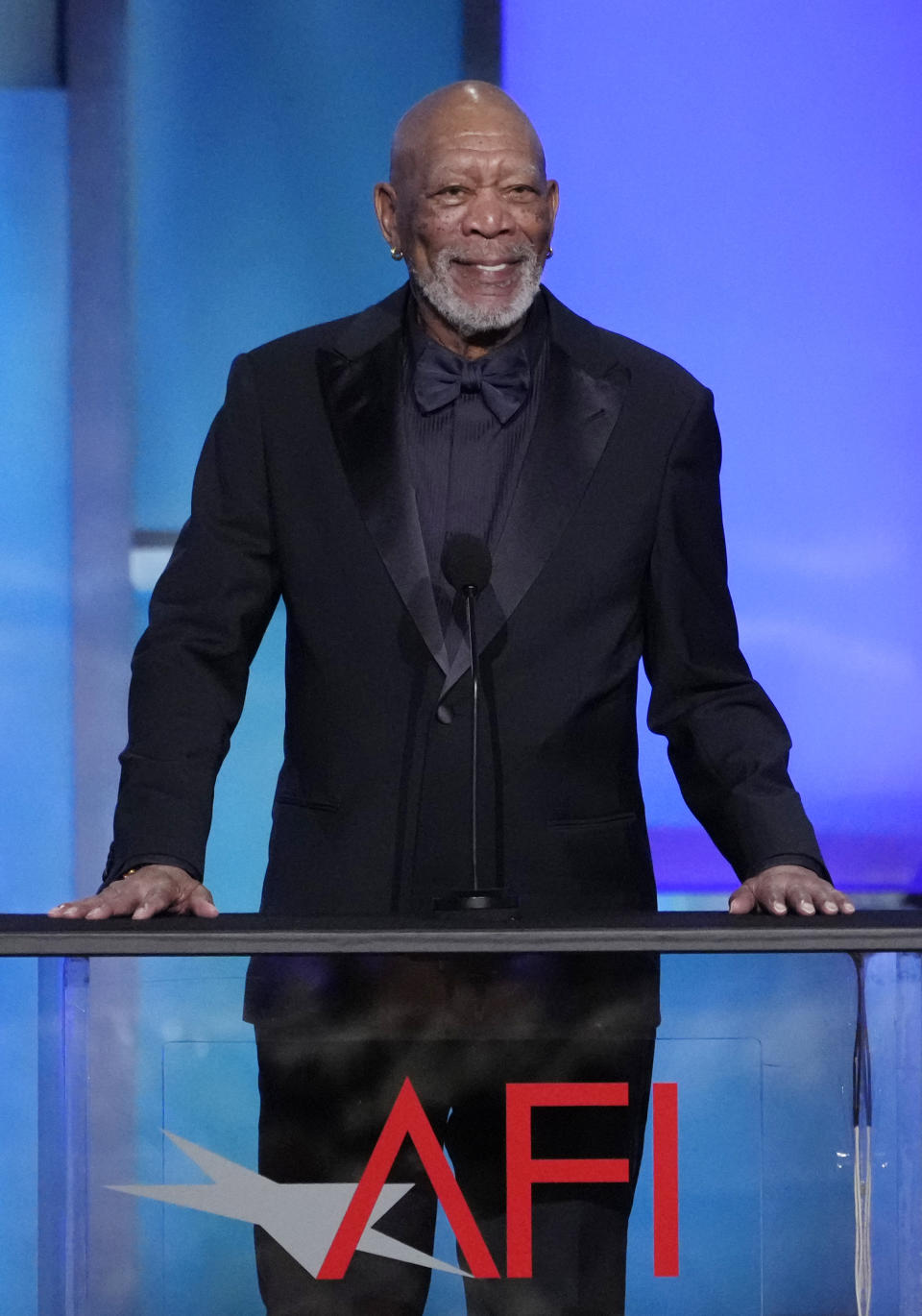 Actor Morgan Freeman speaks from the stage during the 49th AFI Life Achievement Award tribute to Nicole Kidman, Saturday, April 27, 2024, at the Dolby Theatre in Los Angeles. (AP Photo/Chris Pizzello)