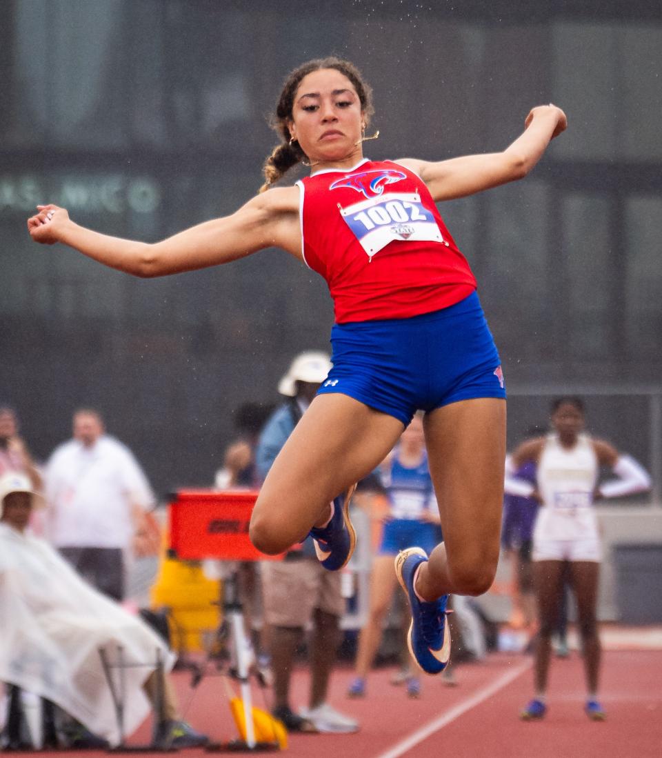 Abilene Cooper's Jazlyn Hatcher competes in the long jump during the 5A UIL State track and field meet, Friday May 3, 2024, at Mike A. Myers Stadium in Austin.