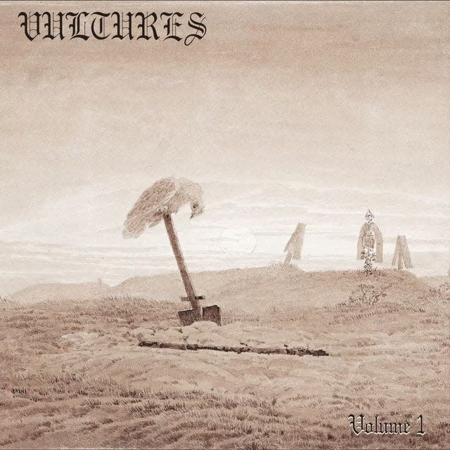 "Vultures Volume 1" album cover. The image released on Apple Music features Ye wearing a white hockey mask positioned behind a woman whose back is turned towards the front.