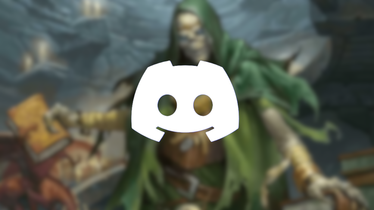  A blurred backdrop of a D&D lich with a Discord logo layered atop it. 