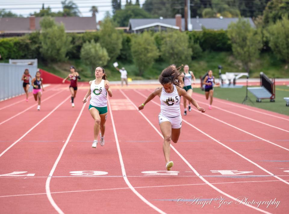 Calabasas High's Zoey Ray wins her heat in the girls 400-meter race at the CIF-SS Division 2 Track and Field Prelims on Saturday, May 4, 2024, at Ontario High School. Ray finished in 56.12 seconds to qualify for the CIF-SS finals.