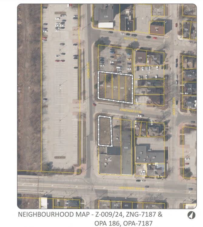An overhead map showing the location of the proposed 16-storey apartment building, next to the municipal parking lot on Caron Avenue.