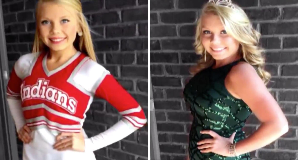 Brooke Skylar Richardson shown in cheerleader uniform and in gown while pregnant.