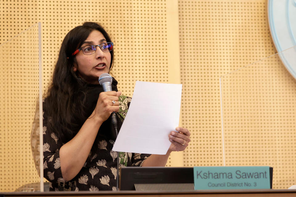 Councilmember Kshama Sawant speaks about her proposed ordinance to outlaw caste discrimination during a public hearing in the Seattle City Council chambers on Feb. 21.<span class="copyright">John Froschauer—AP</span>