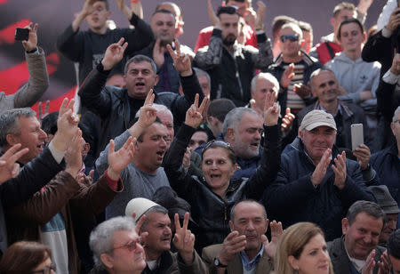 Supporters of the opposition Democratic Party take part in an anti-government protest in front of the office of Albanian Prime Minister Edi Rama in Tirana, Albania, March 2, 2017. REUTERS/Florion Goga