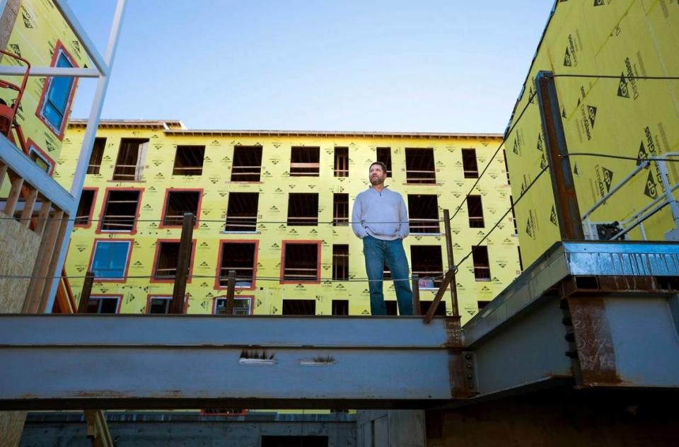 in 2017, Mike Heller, a lead developer of the Ice Blocks project on R Street, stands in the housing and retail section of the project. Paul Kitagaki Jr./pkitagaki@sacbee.com