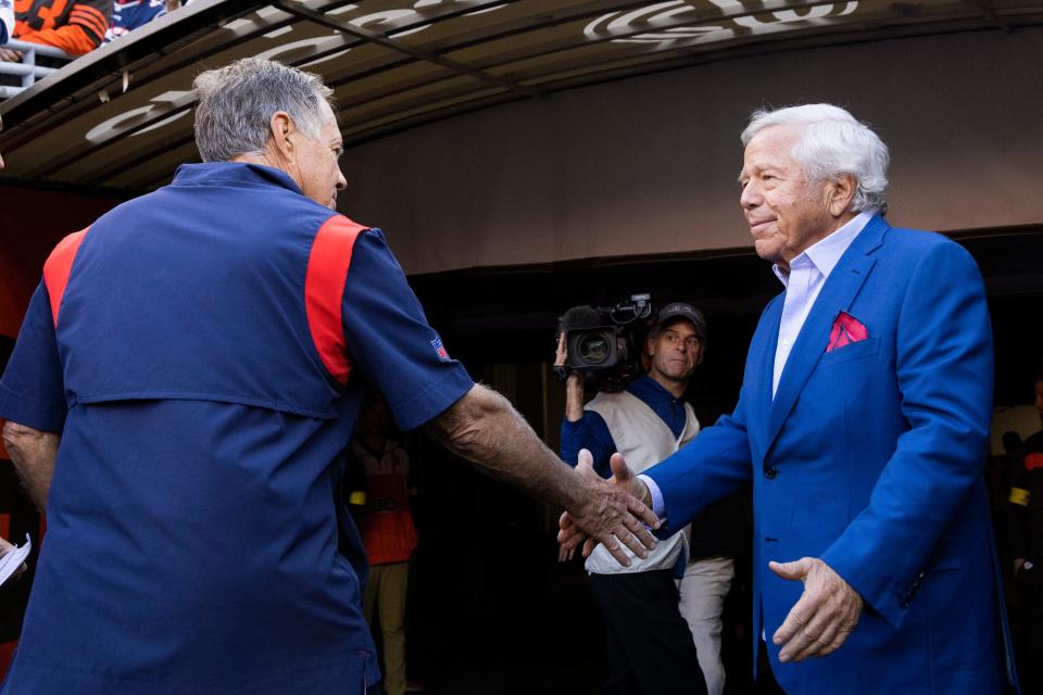 New England Patriots owner Robert Kraft shakes hands with head coach Bill Belichick following the win against the Cleveland Browns at FirstEnergy Stadium on Oct. 16.