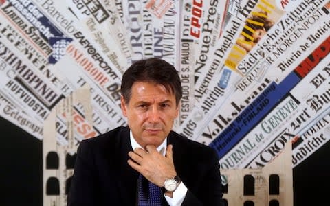 Giuseppe Conte at a foreign press club press conference on Monday - Credit: Gregorio Borgia/AP