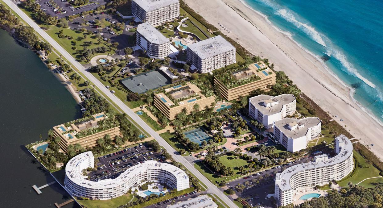 A concept rendering shows the layout of a three-building condominium project, seen in the center with yellow walls, being planned for an ocean-to-lake site in the 2700 block of South Ocean Boulevard in Palm Beach. The rendering does not reflect the still-to-be-finalized architecture of the three buildings.
