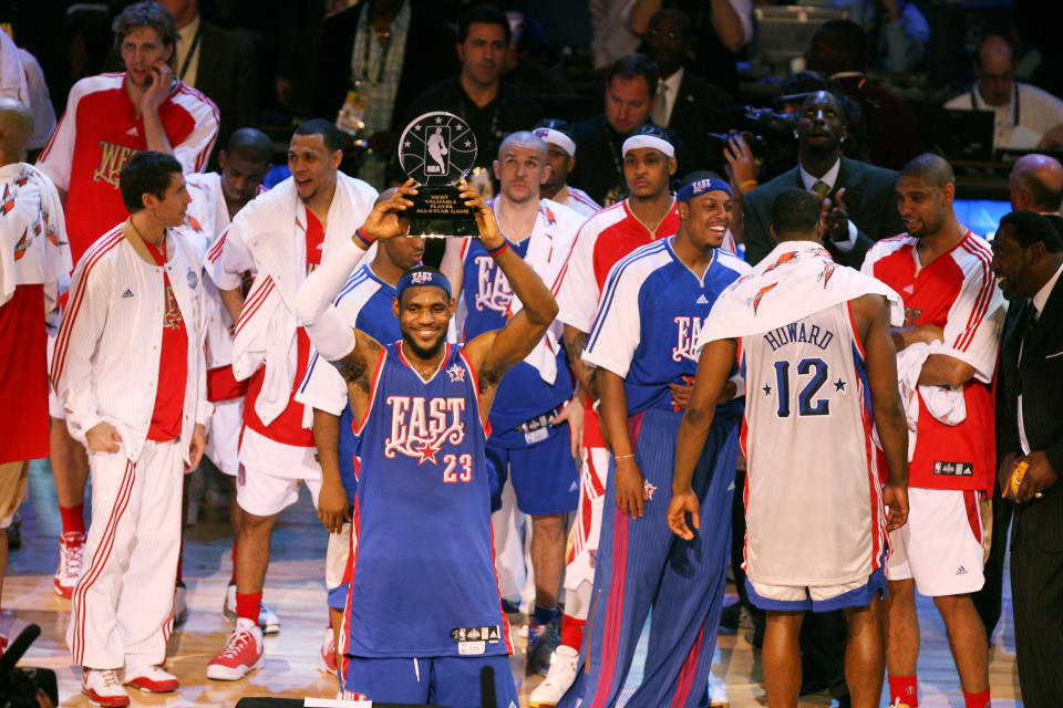 NEW ORLEANS - FEBRUARY 17: LeBron James #23 of the Eastern Conference All-Stars holds the MVP trophy above his head following the 2008 NBA All-Star Game on February 17, 2008 at the New Orleans Arena in New Orleans, Louisiana.