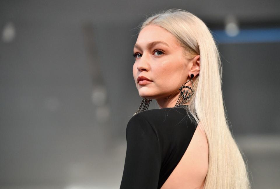 gigi hadid on the runway at a ralph lauren show