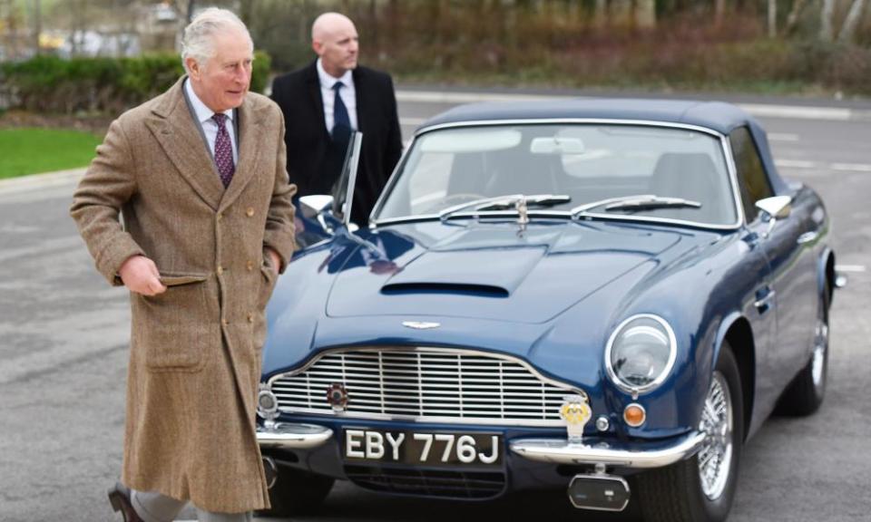 Prince Charles with his own Aston Martin Volante – a present from the Queen for his 21st birthday.