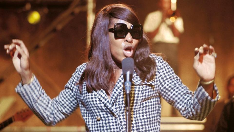 Tina Turner of the Ike & Tina Turner Revue performs on stage wearing sunglasses during recording of the Associated Rediffusion Television pop music television show Ready Steady Go! at Wembley Television Studios in London in September 1966