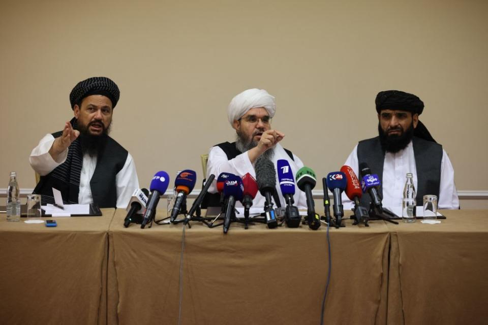 Taliban negotiators Abdul Latif Mansoor (L), Shahabuddin Delawar (C) and Suhail Shaheen (R) attend a press conference in Moscow on July 9, 2021. (Photo by Dimitar Dilkoff/AFP via Getty Images)