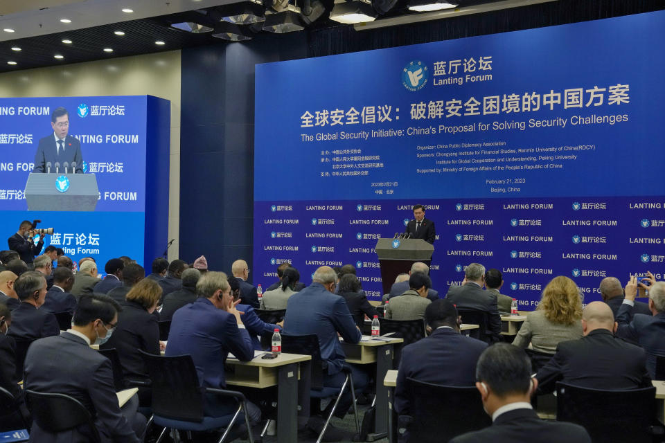 Chinese Foreign Minister Qin Gang delivers a speech during the Lanting Forum on the Global Security Initiative: China's Proposal for Solving Security Challenges held at the Ministry of Foreign Affairs office in Beijing, Tuesday, Feb. 21, 2023. Qin Gang on Tuesday expressed concerns about the rising tensions in Ukraine and said China was ready to provide "Chinese wisdom" for the political settlement of the crisis through dialogues. (AP Photo/Andy Wong)