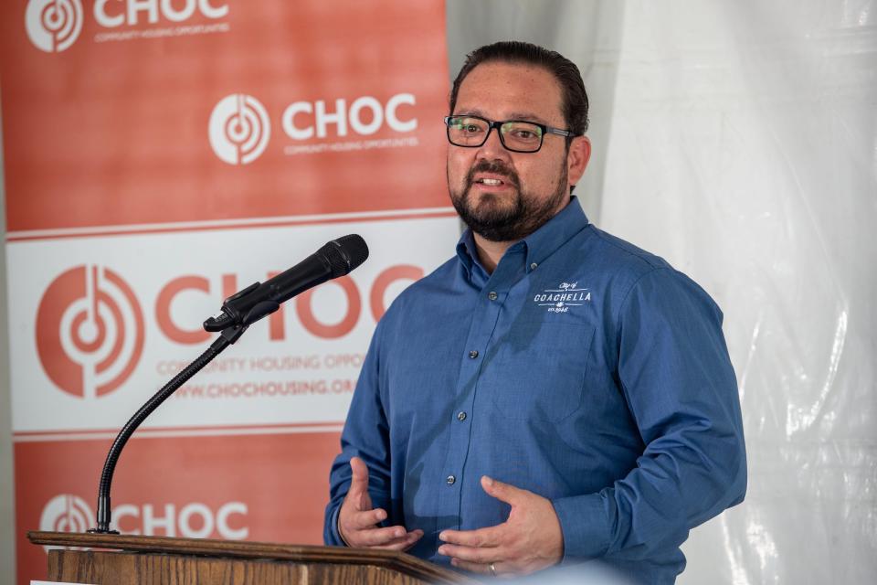 Coachella Mayor Steven Hernandez speaks during a grand opening celebration for the Placita Dolores Huerta affordable housing complex Thursday.