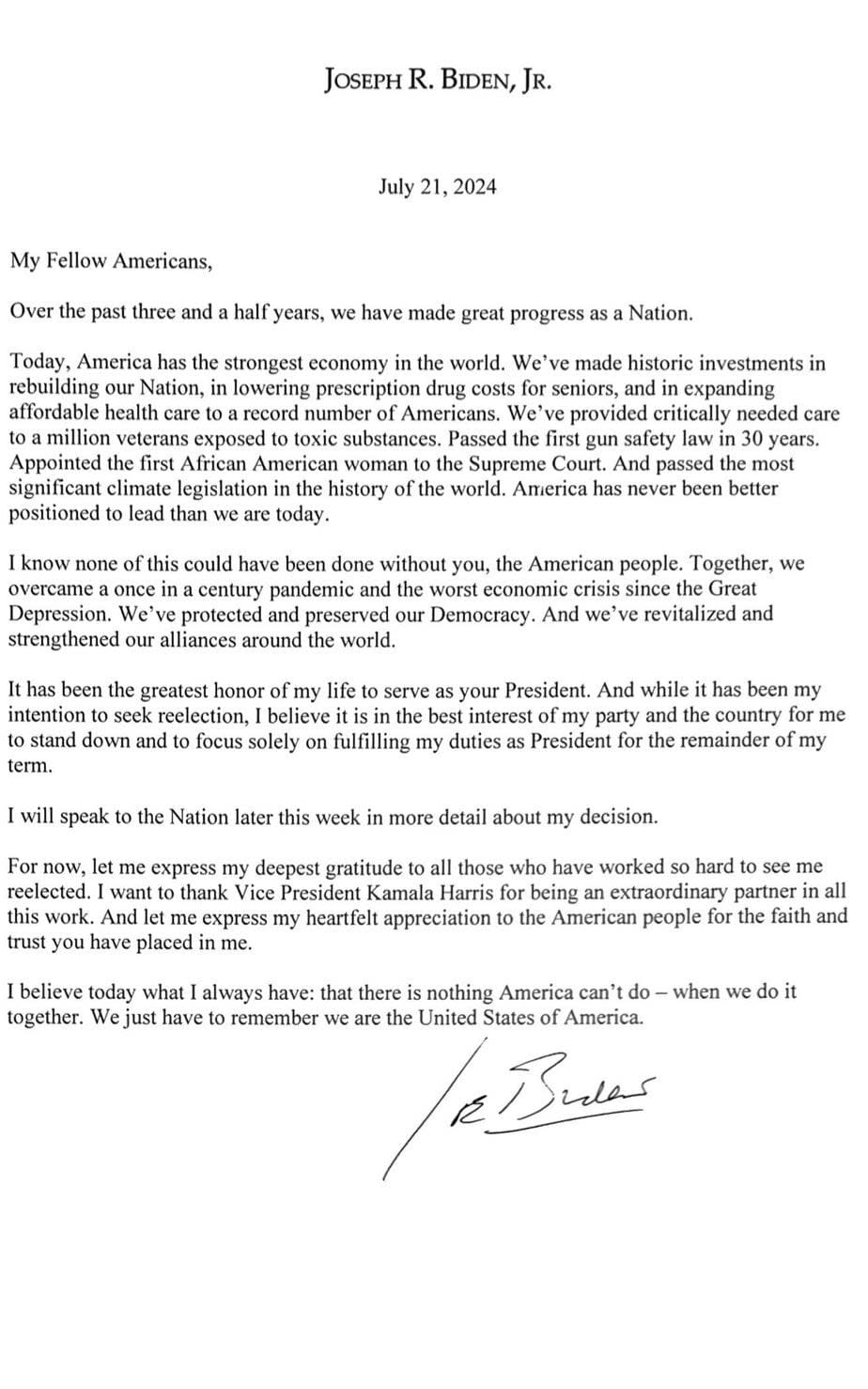 Joe Biden's letter withdrawing from the US presidential race