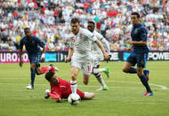 DONETSK, UKRAINE - JUNE 11: James Milner of England rounds the goalkeeper Hugo Lloris of France, only to miss his chance at goal during the UEFA EURO 2012 group D match between France and England at Donbass Arena on June 11, 2012 in Donetsk, Ukraine. (Photo by Ian Walton/Getty Images)