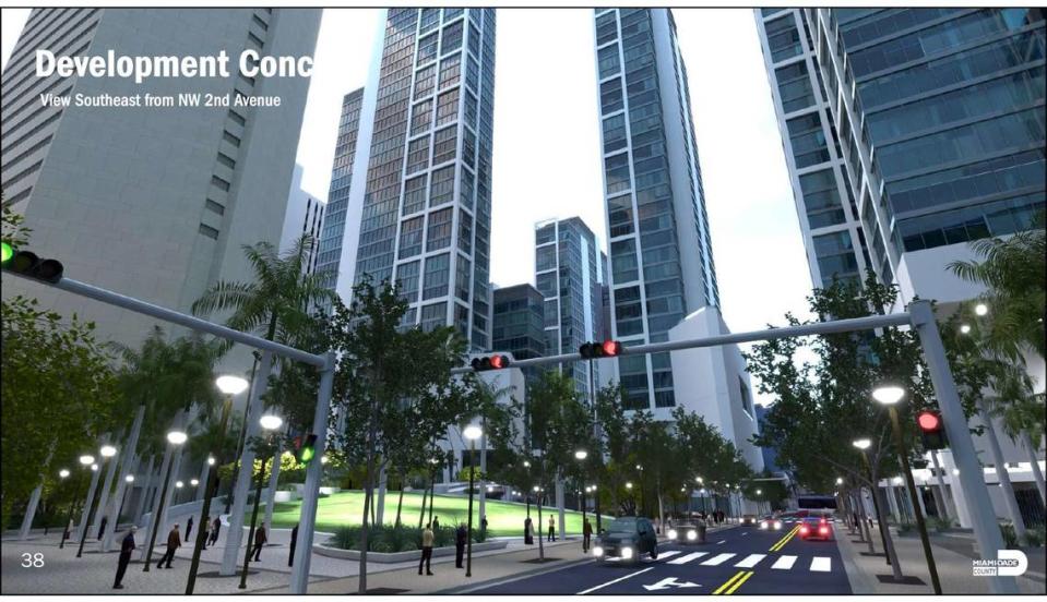 Una representación conceptual del Condado Miami-Dade muestra cómo un urbanizador privado pudiera crear un nuevo barrio residencial, cívico y comercial centrado en el transporte público en los terrenos públicos que rodean el Stephen P. Clark Government Center, a la izquierda.