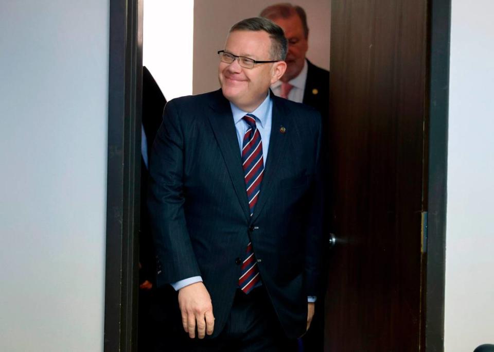 N.C. State House Speaker Tim Moore arrives for a press conference at the N.C. GOP headquarters in Raleigh, N.C. Wednesday, April 5, 2023. The press conference was to announce State Rep. Tricia Cotham is switching parties to become a member of the House Republican caucus.