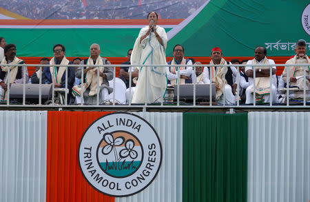 Mamata Banerjee, Chief Minister of the state of West Bengal, speaks during "United India" rally attended by the leaders of India's main opposition parties ahead of the general election, in Kolkata, India, January 19, 2019. REUTERS/Rupak De Chowdhuri