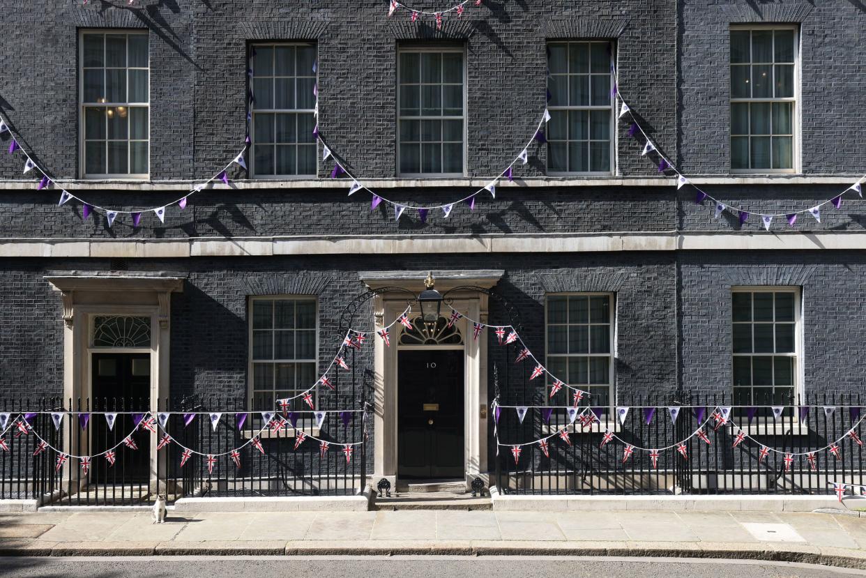 Larry the Cat, Chief Mouser to the Cabinet Office, sits on Downing Street, London, adorned in bunting ahead of the Platinum Jubilee celebrations, in London, Wednesday, June 1, 2022.