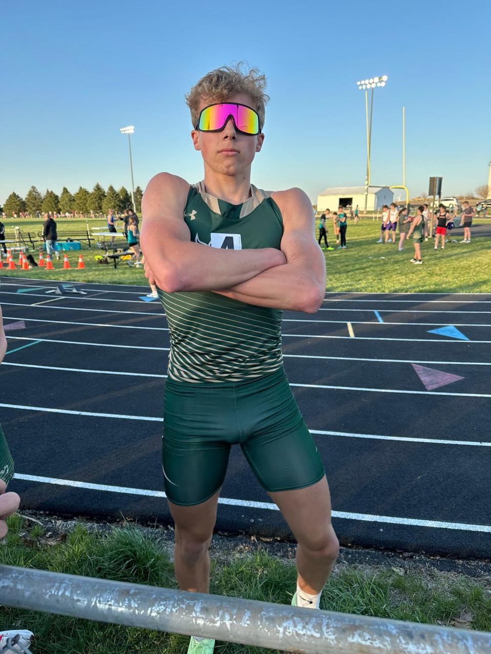 Woodward-Granger's Cael Leighton poses for a photo after setting a meet record in the 400-meter dash on Monday, April 15, 2024, during the Southeast Valley Invite.