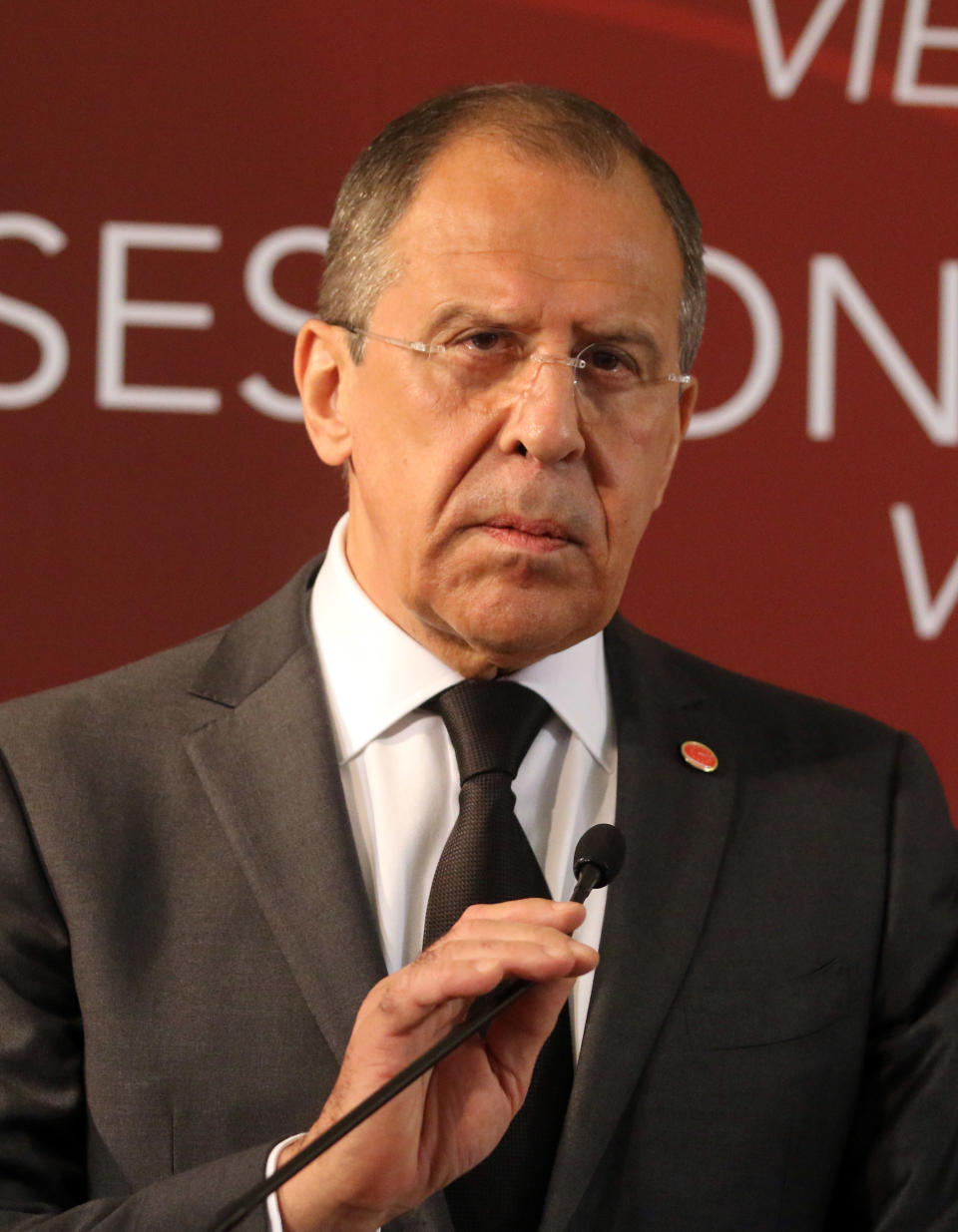 Russia's Foreign Minister Sergey Lavrov speaks to media at the European Council in Vienna, Austria, Tuesday, May 6, 2014. (AP Photo/Ronald Zak)