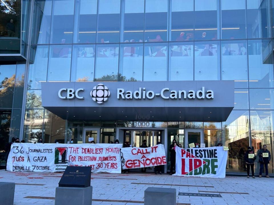 Protesters blocked entrances of the CBC/Radio-Canada building as they criticized media coverage of Gaza. 