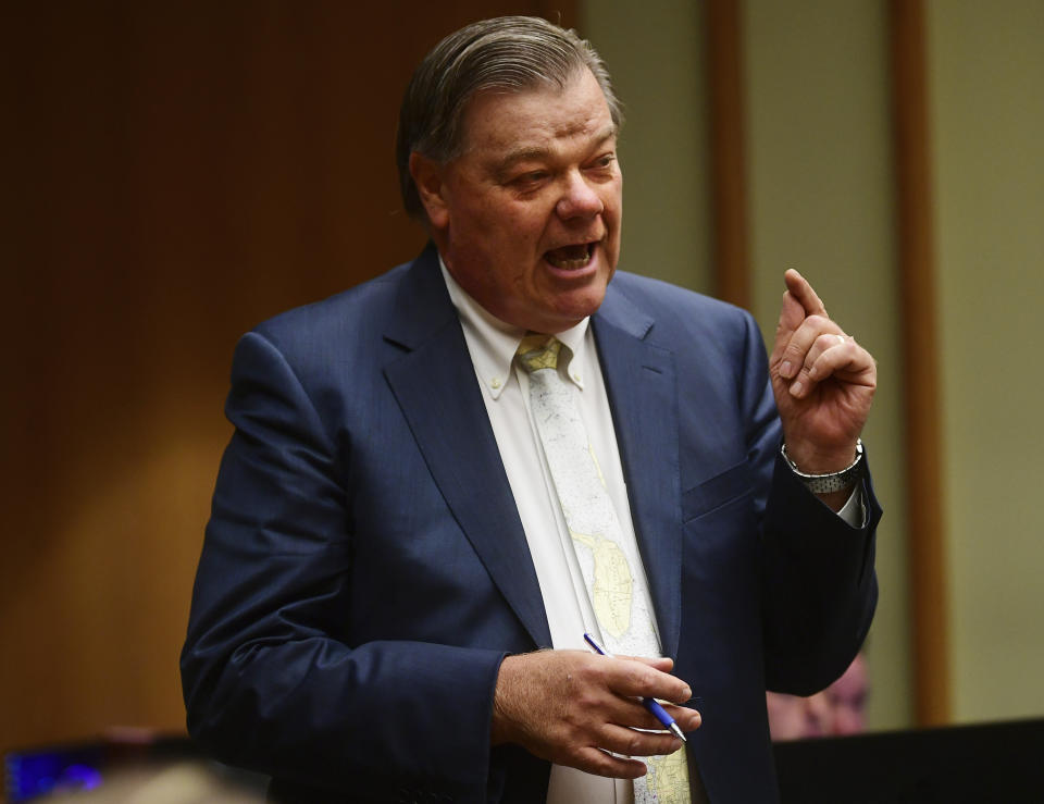 Attorney Richard Buturla, representing Bridgeport Town Clerk Charles Clemons, questions Bridgeport Head Election Monitor Maurice Nelson during Democratic Mayoral Primary candidate John Gomes' challenge of absentee ballots in Superior Court in Bridgeport, Conn., on Friday, Oct. 13, 2023. (Brian A. Pounds/Hearst Connecticut Media via AP, Pool)