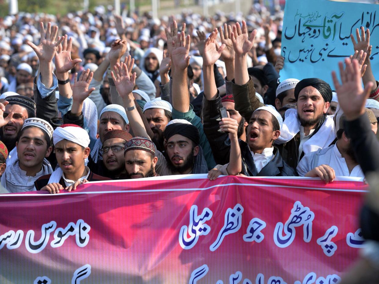 Pakistani religious students protest against blasphemy earlier this year: AAMIR QURESHI/AFP/Getty Images