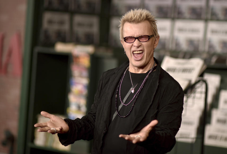 FILE - Billy Idol appears at the Los Angeles premiere of "The Irishman" on Oct. 24, 2019. Idol will headline a pre-game concert ahead of the Super Bowl on Feb. 11 just outside Allegiant Stadium, where the NFL’s two best teams face off. (Photo by Richard Shotwell/Invision/AP, File)