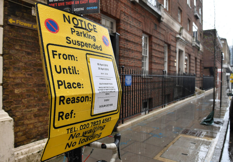 Parking restrictions were put in place outside the Lindo Wing at St Mary’s hospital, in the weeks leading up to Prince Louis’ birth last April [Photo: PA