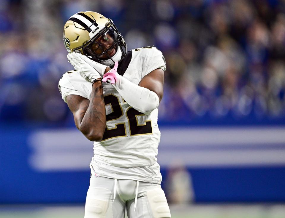 New Orleans Saints wide receiver Rashid Shaheed reacts after catching a long pass during the second half against the Indianapolis Colts at Lucas Oil Stadium.