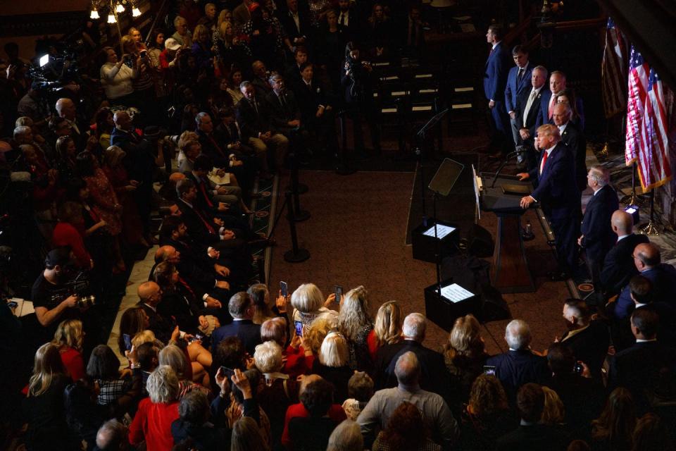 Former President Donald Trump speaks at a 2024 election campaign event in South Carolina on Jan. 28, 2023. <a href="https://media.gettyimages.com/id/1246628245/photo/us-politics-trump.jpg?s=1024x1024&w=gi&k=20&c=mgG4GaU7H19iQfiNRbKrdaFl9y1NKTKGwnkmcjo7ns0=" rel="nofollow noopener" target="_blank" data-ylk="slk:Logan Cyrus/AFP via Getty Images;elm:context_link;itc:0;sec:content-canvas" class="link ">Logan Cyrus/AFP via Getty Images</a>