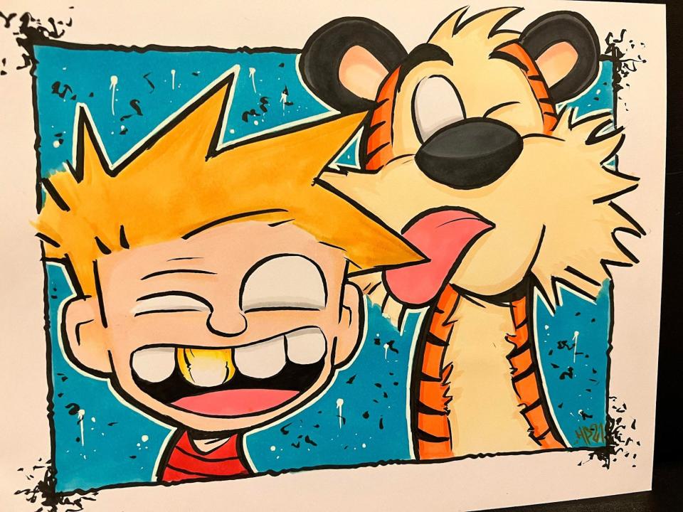 Caricature of Calvin and Hobbes by Wilmington artist Greyson Davis/Haji P/HP Fangs, who's a big fan of '80 and '90s pop culture.