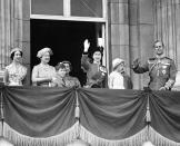 <p>The Queen waves to the crowds on her 30th birthday, accompanied by Prince Philip, right, Princess Margaret, left; the Queen Mother, second left, and her children Charles and Anne. (Intercontinentale/AFP/Getty)</p> 