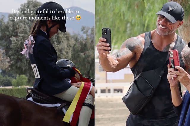 <p>West Palms Events/ Instagram</p> Jasmine on a horse (L), Dwayne Johnson taking video of Jasmine (R)
