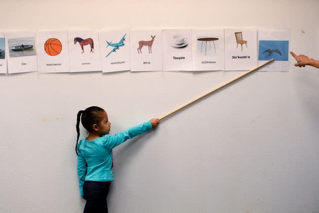 A 5-year-old names objects and animals in the Arapaho language in February 2017 as the tribe works to recover its culture and language on the Wind River Reservation in Wyoming.