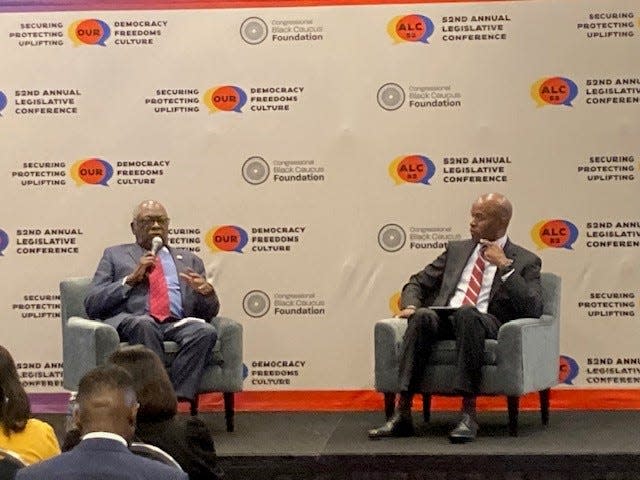 South Carolina Rep. James Clyburn and Bobby Donaldson of the University of South Carolina discuss the importance of preserving civil rights history at a panel Sept. 20, 2023 at the Congressional Black Caucus Foundation's conference in Washington, D.C.