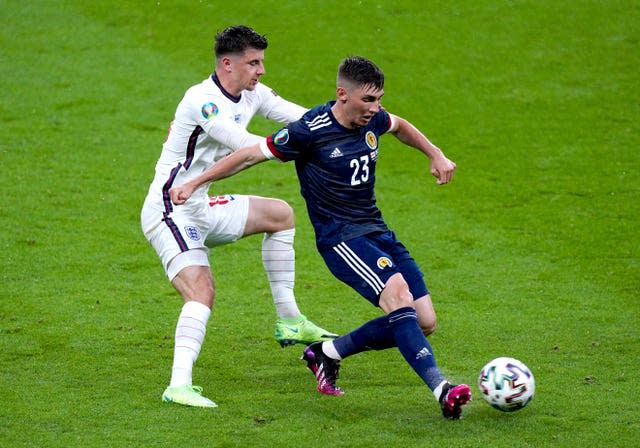 Mason Mount challenges with Chelsea team-mate Billy Gilmour