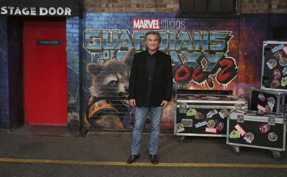 FILE - Kurt Russell arrives at the premiere of "Guardians of the Galaxy Vol.2" in London, Monday, April 24, 2017. Russell turns 70 on March 17. (Photo by Joel Ryan/Invision/AP)