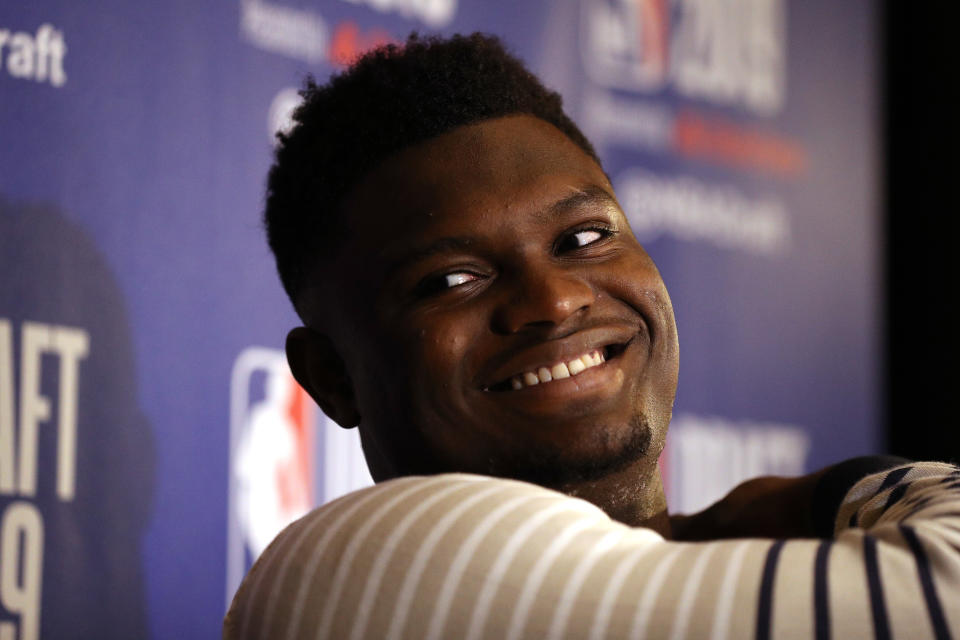 Zion Williamson speaks to the media ahead of the 2019 NBA Draft at the Grand Hyatt New York on June 19, 2019 in New York City. (Photo by Mike Lawrie/Getty Images)