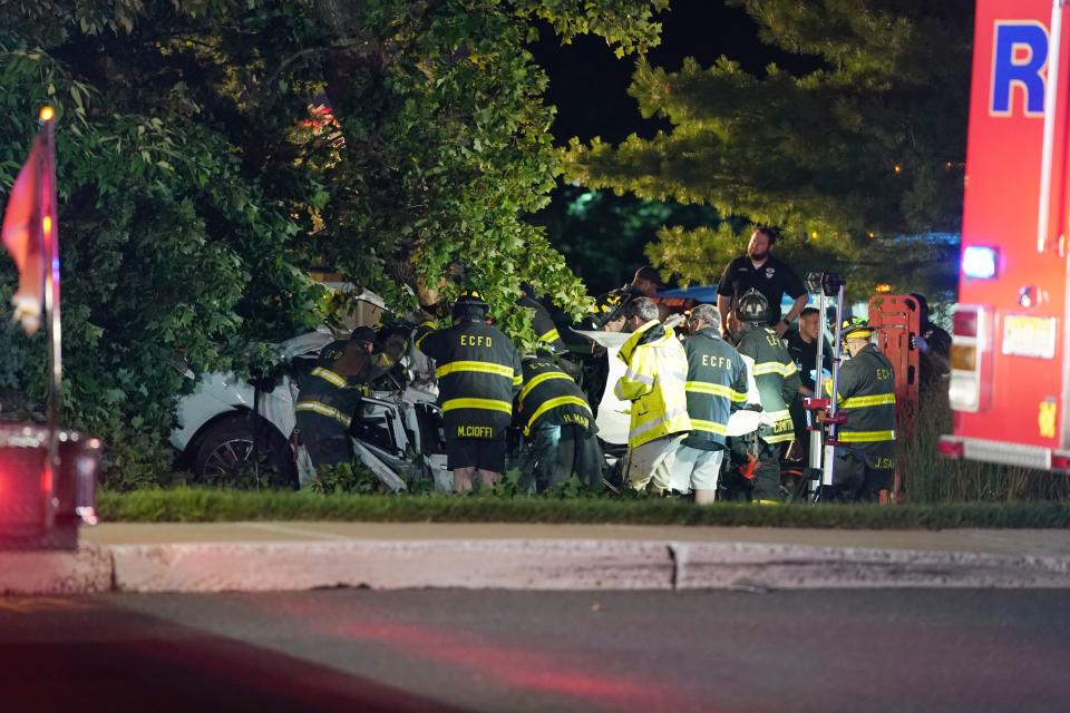 Authorities working at the scene where one person was reportedly killed after a one car crash took place in front of CNBC Headquarters on Sylvan Avenue in Englewood Cliffs, NJ around 1:20 a.m. on July 23, 2023. (Photo/Christopher Sadowski)