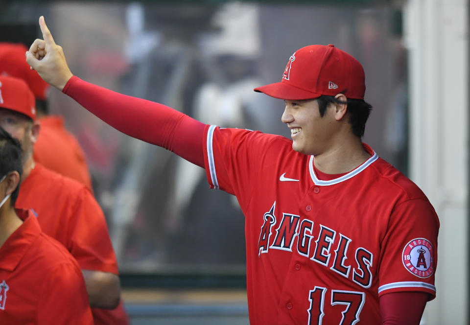 ANAHEIM, CA - SEPTEMBER 22: Shohei Ohtani #17 of the Los Angeles Angels in the dugout before playing the Houston Astros in the first inning at Angel Stadium of Anaheim on September 22, 2021 in Anaheim, California. (Photo by John McCoy/Getty Images)