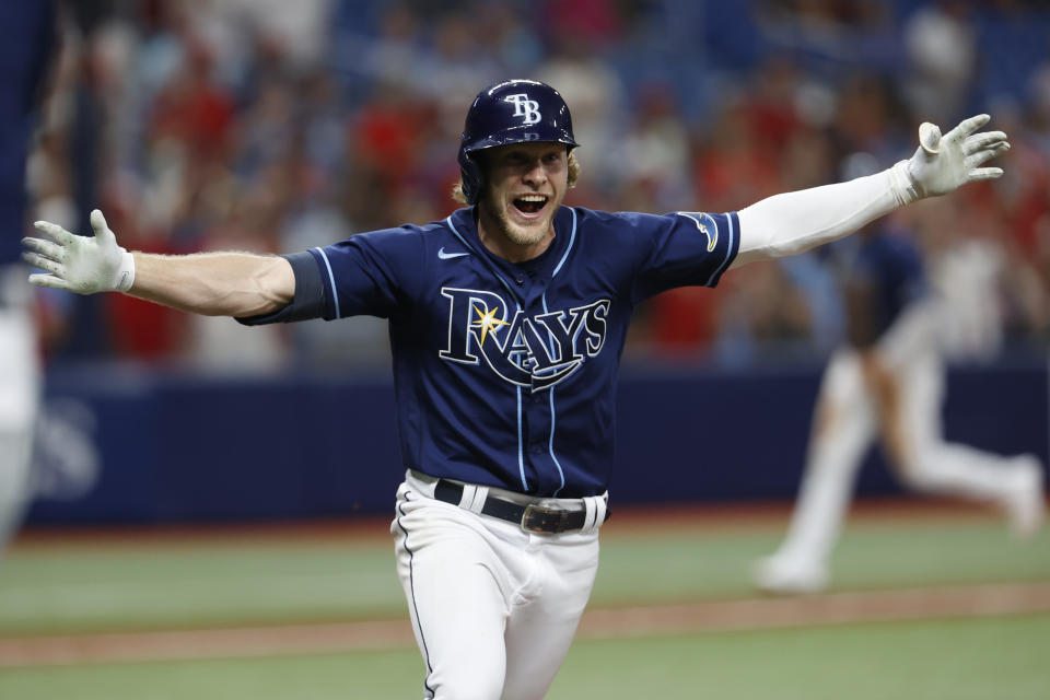 Tampa Bay Rays' Taylor Walls reacts after hitting a game-ending home run against the St. Louis Cardinals during the 10th inning of a baseball game Tuesday, June 7, 2022, in St. Petersburg, Fla. (AP Photo/Scott Audette)