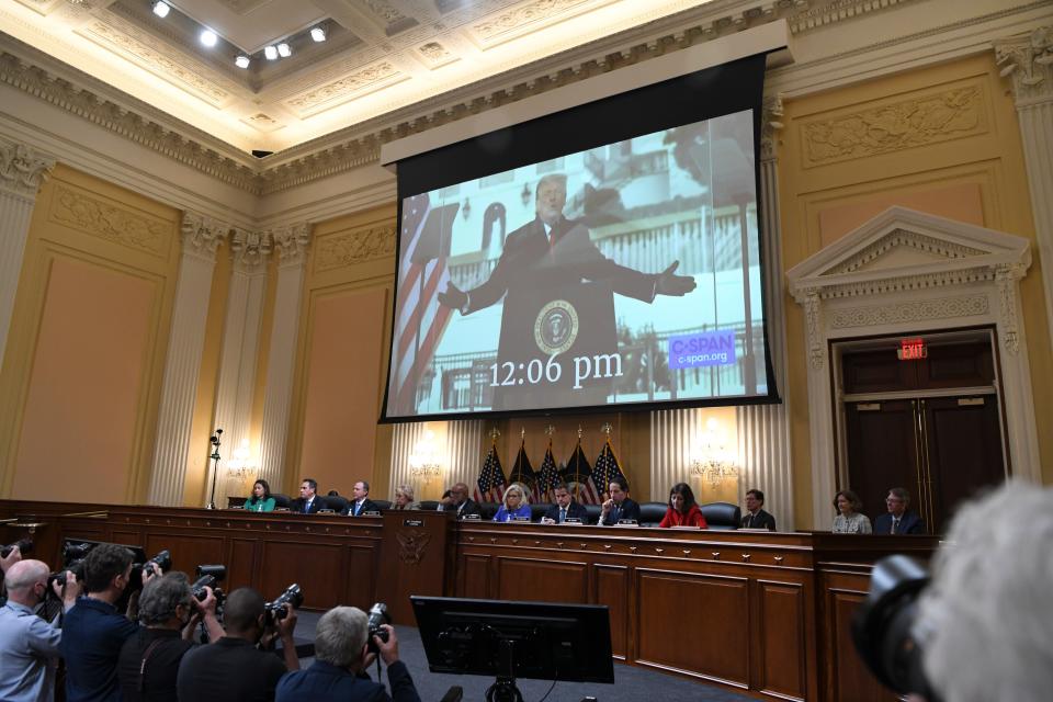 Video of President Donald Trump addressing many of the supporters who went on to storm the Capitol plays during the first public hearing of the House January 6th committee, on Capitol Hill in Washington on Thursday, June 9, 2022. The committee explicitly declared that Trump committed a crime by conspiring to overturn an election. The attorney general, however, has not weighed in. And a jury of his peers may never hear the case. (Kenny Holston/The New York Times)