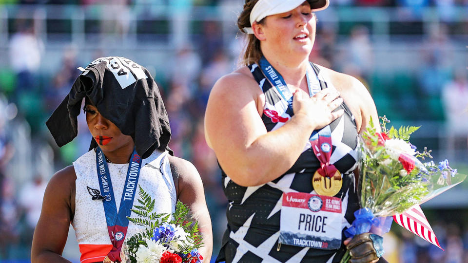 Gwen Berry, pictured here with DeAnna Price on the podium at the US Olympic trials.