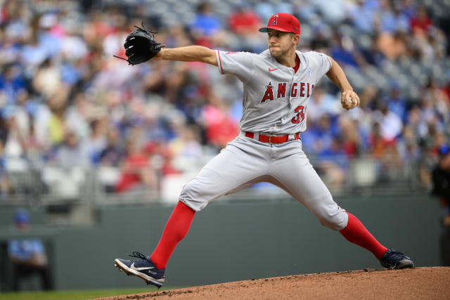 Kansas City Royals' Matt Beaty runs to first base after hitting a single  against the Los Angeles Angels during the eighth inning of a baseball game,  Sunday, June 18, 2023, in Kansas